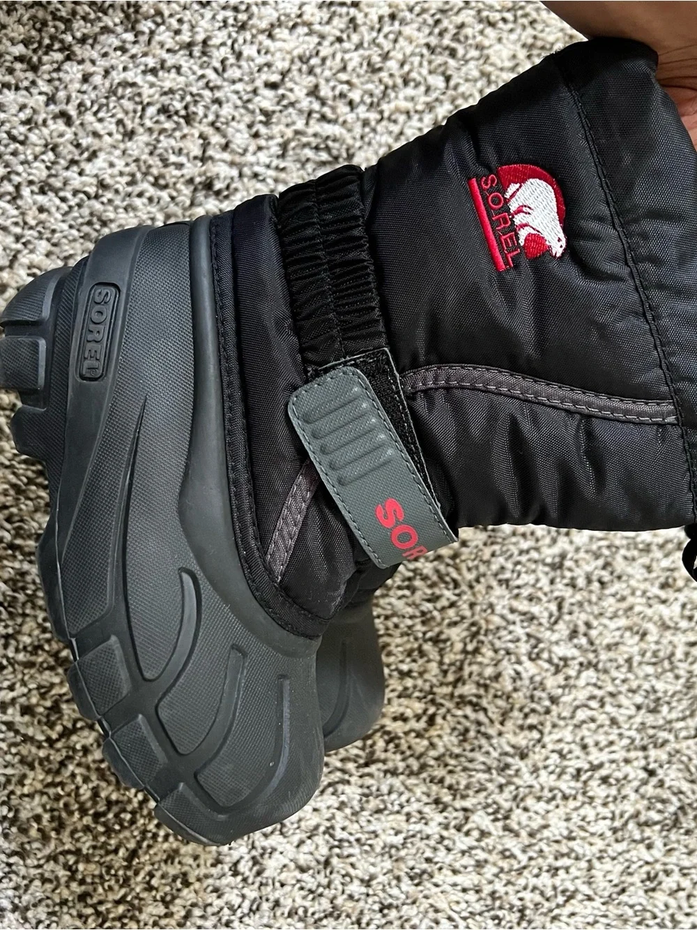 Sorel Black Kids Snow Boots with red Logo Accents size 10